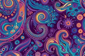 Fototapeta premium seamless pattern, colorful curved lines, purple, blue, orange, abstract fabric, Indian style