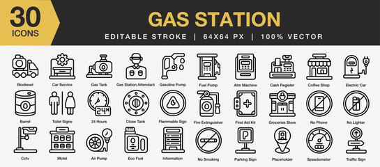 Set of 30 Gas Station icon set. Editable Stroke Icon Collection. Includes biodiesel, barrel, gasoline, eco fuel, air pump and More. Outline icons vector collection.