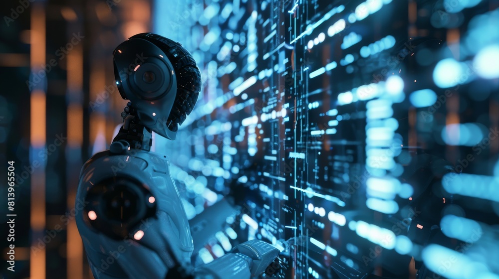 Poster 3d rendering of a humanoid ai robot using deep machine learning software. a futuristic humanoid virt