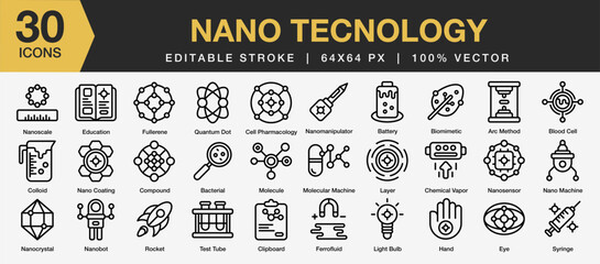 Set of 30 Nano Tecnologhy icon set. Editable Stroke Icon Collection. Includes quantum dot, bacterial, layer, syringe, education, ferofluid and More. Outline icons vector collection.