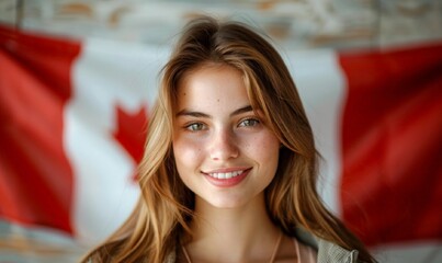 A young smiling female on the background of the Canada flag.A beautiful young woman poses against the background of the national Canadian flag. Canada Day concept. Canada Civic Day Holiday card. 