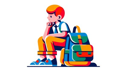Pensive boy seated next to multicolored backpack. Concept Back to school