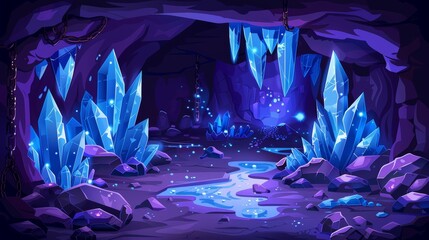 Cave with blue crystals. Modern illustration of dark underground mine with mineral stones on walls, water pools on the floor, treasure grotto, jewelry mining dungeon, game background.