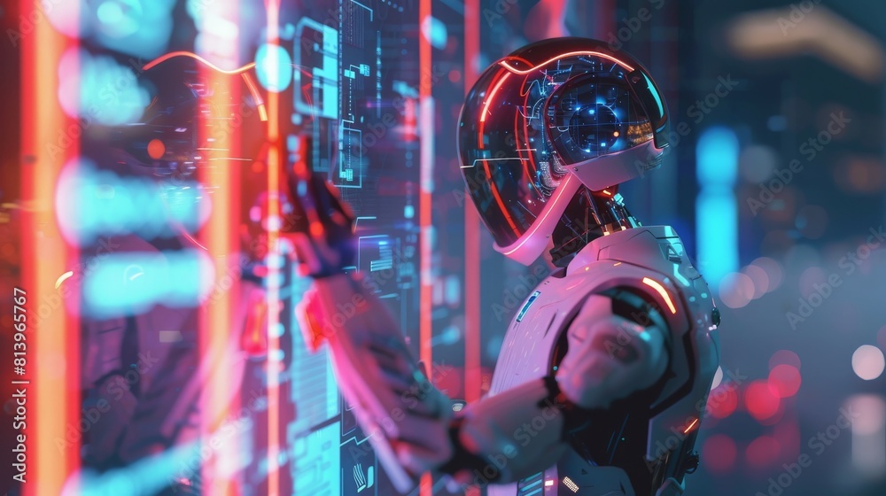 Poster humanoid robot activating future ai application. robot works with internet information, cloud comput