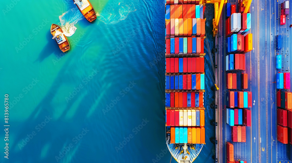 Sticker aerial view of a cargo ship loaded with colorful containers next to a bustling port area.