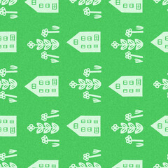 Modern house summer abstract shape fresh green color seamless pattern with cloth fabric linen effect. Vibrant fresh childish town design for hand drawn textile motif template.