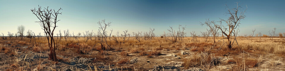 Obraz premium flourishing deserted field with dry, empty trees