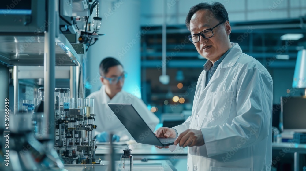 Poster an engineer and scientist using a laptop computer and talking in a factory producing modern electron