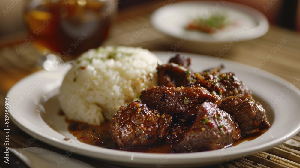 Wall mural Aromatic kenyan beef stew served with white rice on a plate, showcasing the vibrant cuisine of east africa - Wall murals