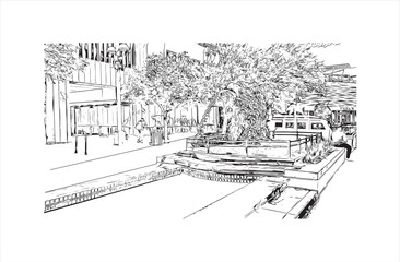 Print Building view with landmark of Santa Monica is the city in Los Angeles County. Hand drawn sketch illustration in vector.