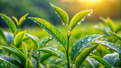 A green tea leafy plant covered in water droplets