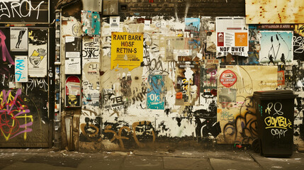 Fototapeta premium An urban wall covered with layers of diverse posters, graffiti, and stickers in a gritty setting.