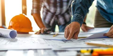 Two construction workers are looking at blueprints.