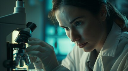 Female scientist using microscope to analyze petri dish sample. Pharmaceutical lab with specialists conducting biotechnology research, developing new drugs.