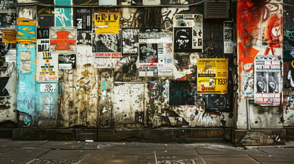 Urban wall covered with a colorful array of posters, graffiti, and stickers, showcasing various designs and messages.