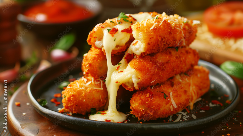 Sticker close-up of cheesy mozzarella sticks with molten cheese pull on a dark plate, garnished with herbs a