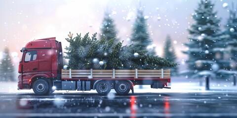 A semi truck drives down a snowy road with a load of Christmas trees.