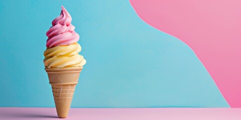 A single ice cream cone with a pink and yellow swirl. The cone is set against a blue and pink background.