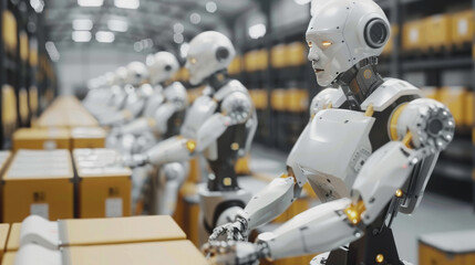 An autonomous factory floor with robots assembling products or packaging, no humans in sight