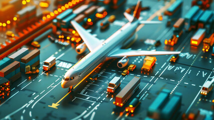 Detailed depiction of a busy airport scenario with a large plane ready for takeoff and numerous vehicles.