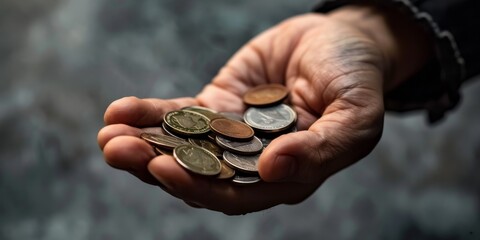 An old man's hand holding a handful of coins.
