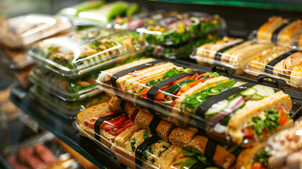 An assortment of pre-packaged sandwiches and salads in a display case at a store.