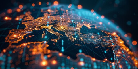 A digital globe with glowing connections between different points on the Earth, representing global connectivity and data transfer across continents