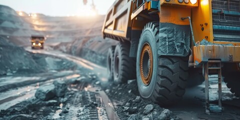 Large yellow mining truck drives through a muddy open pit mine