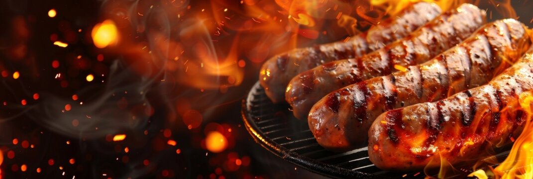 Hot and spicy grilled sausages on the flaming grill with sparks