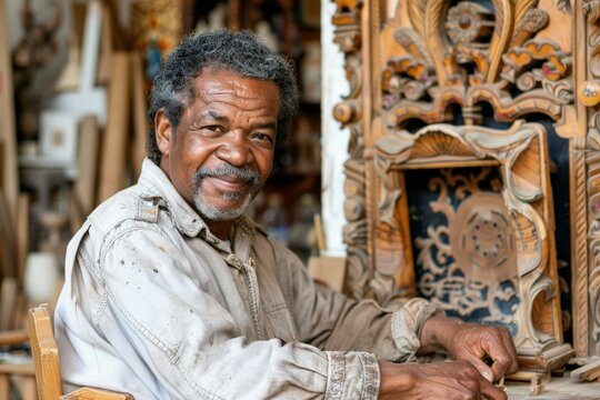 African American furniture maker in the process of assembling a piece, Description: Smiling African American man, gray hair, in woodshop. Carved wooden panel, intricate details. - Powered by Adobe