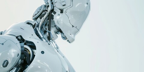 Fototapeta premium The image shows a closeup of a futuristic robot with a metallic body and glowing blue eyes. The robot is looking down at something.