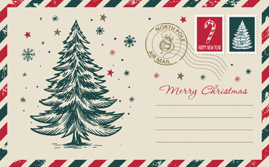 Christmas mail, postcard, hand drawn illustration.	
