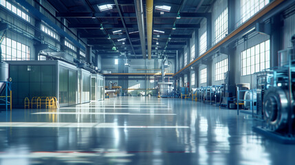 Fototapeta premium Spacious industrial factory hall with glossy floor, large windows, and various machinery.