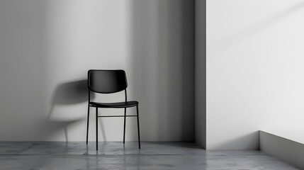 Black chair standing in empty room with white walls and concrete floor