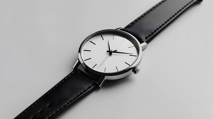 A classic men's wristwatch with black leather strap on a white background.