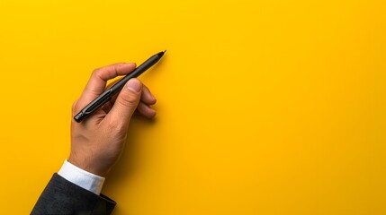 Businessman holding a pen on a yellow background with copy space
