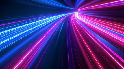 Speed of light lines. Neon road effect on black background. Abstract trace of luminous stripes from the movement of a car. Beam of laser futuristic rays.