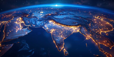 A digital map of the Middle East with glowing connections between cities representing global connectivity and technology, symbolizing network underdarkting in tech startup advertis