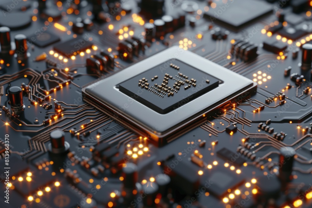 Poster detailed view of a computer chip on a circuit board. suitable for technology concepts