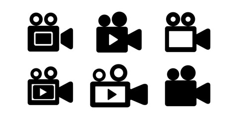Collection of six black video camera icons with various play buttons on white background.  For video production and vlogging.