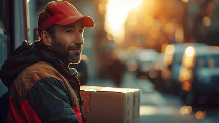 Efficient Delivery Driver with Positive Attitude on Route Delivering Packages in Photo Realistic Concept for Delivery Drivers Day Celebration in Photo Stock Collection