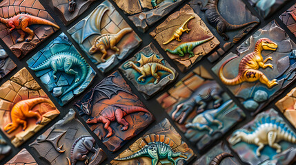 Fototapeta premium Dinosaur Epoch Tiles: Prehistoric themed Tiles with Colorful Dinosaurs, Bringing the Ancient World to Life for Young Dinosaur Lovers