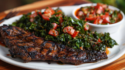 Authentic african culinary traditions captured in a delectable kenyan dish with beautifully grilled meat and fresh kale salad on the side
