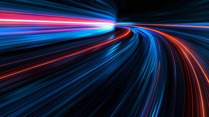 Speed light road lines. Neon effect of blue and red abstract stripes. A trace from a fast moving car. Path of laser beams. A stream of LED flashes on a black background.