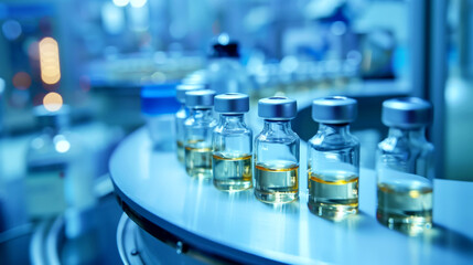 Close-up view of multiple vials containing yellowish liquid in a modern laboratory setting.