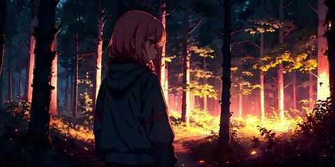 Obraz premium Sad anime girl on a forest background, travel, illustration