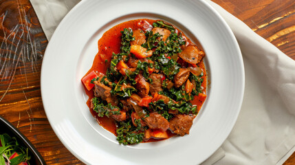 Authentic kenyan beef and kale stew served in a white bowl, showcasing the vibrant colors and rich flavors of kenyan cuisine