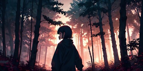 Sad anime girl on a forest background, travel