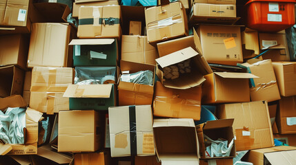 A cluttered space filled with a variety of stacked and scattered cardboard boxes.