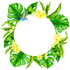 Round frame of tropical leaves, frangipani flowers. Watercolor botanical illustration. Flower composition. Design for invitations, posters, cards, greeting cards, fabric printing, etc.  © Alyona Pugachova
